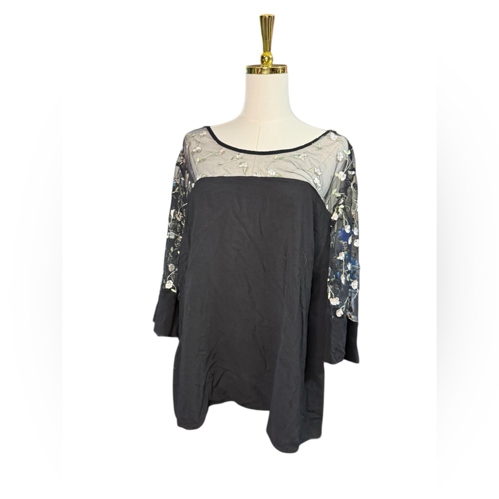 Unique Spectrum Black Tunic with Sheer Floral-Embroidered Yoke Bell Sleeves 3X